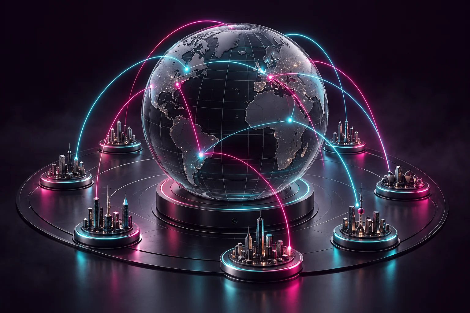 Generated 3D illustration of connected international business systems